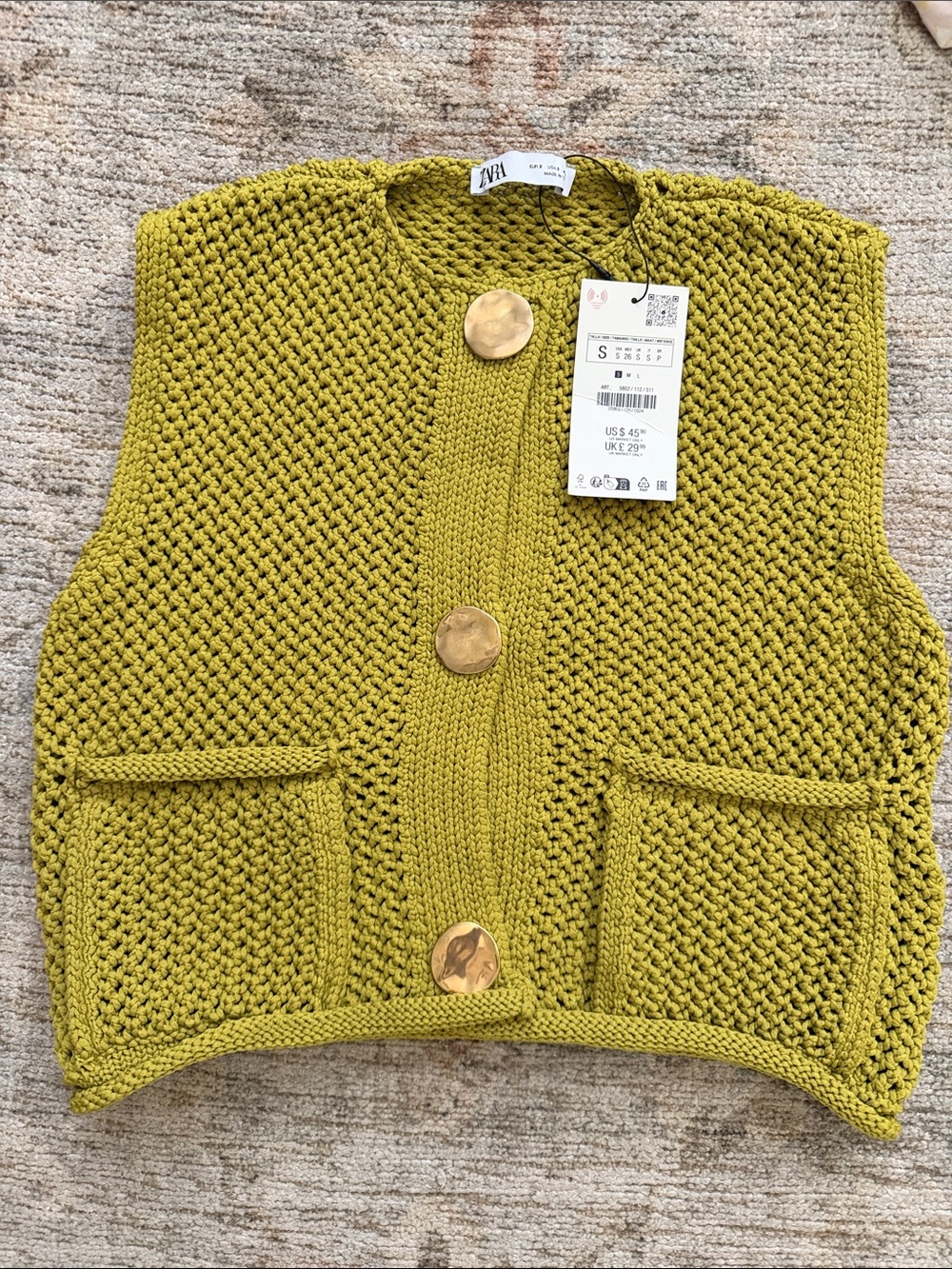 Zara Olive-Green Chunky Knit Button Vest